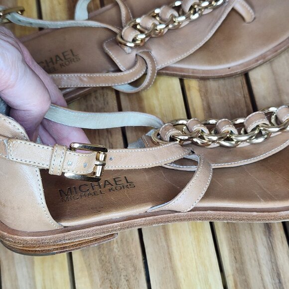 [7.5] Michael Kors Tan Leather Flat Sandals Adjustable Straps Chain Link Sz 7.5 - Picture 3 of 9